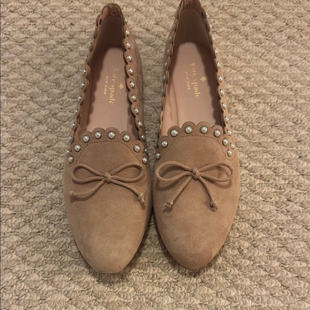 Kate Spade Tan Flats with Bow and Stud Accents
